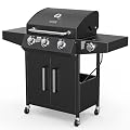 ROVSUN 3-Burner Propane Gas BBQ Grill with Side Burner & Enameled Cast Iron Grates, 46,000 BTU Barbecue Grill with Wheels for Outdoor Patio Backyard Cooking Grilling, Black