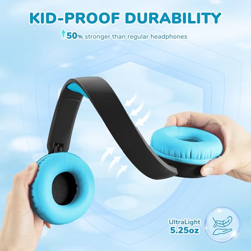 Image of iClever BTH22 Kids Bluetooth Headphones, 60H Play Time, 74 /85 dBA Safe Volume, Bluetooth 5.4, USB C, Over Ear Kids Headphones Wireless with Mic AUX Cord for iPad /Tablet /Travel /School (Black /Blue)