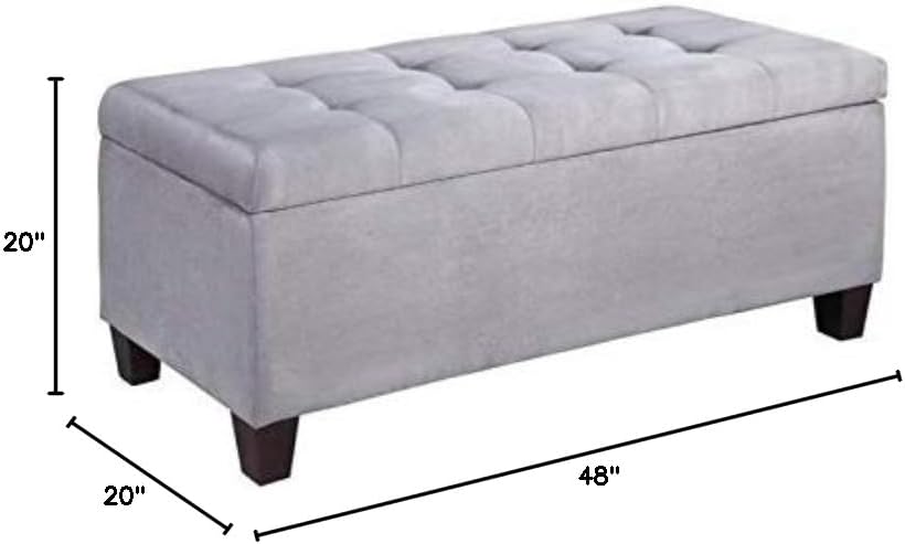 Pemberly Row Transitional Microfiber Shoe Storage Ottoman, Gray Finish, 48" W x 20" D x 20.5" H, Interior Storage Space, Side Pockets with 20 Shoe Slots, Cushioned Top for Bedroom or Entryway Use