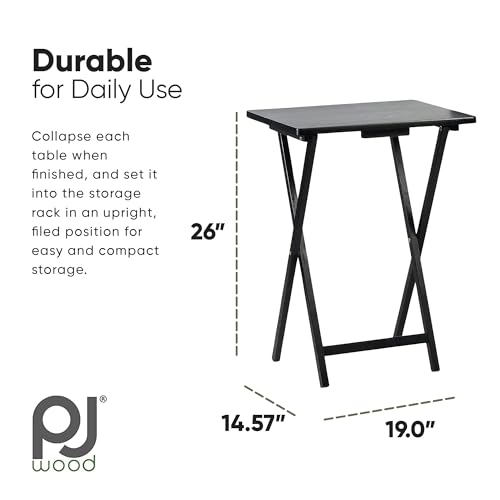 Image of PJ Wood Multifunctional Rectangular Folding and Collapsible Solid Wood TV Tray Snack Tables with Compact Storage Rack, Set of 5, Black