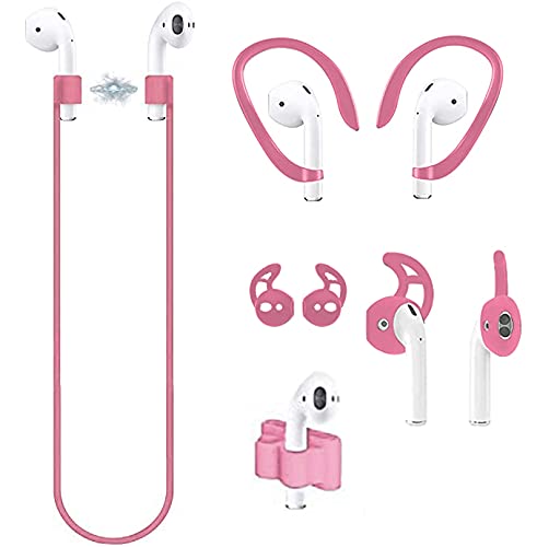 4 in 1 Anti-Lost Accessories for Airpods, Airpods Strap Magnetic Cord, Ear Hooks and Covers Compatible with Airpods 1 & 2, Airpods Watch Band Holder, Sakura pink