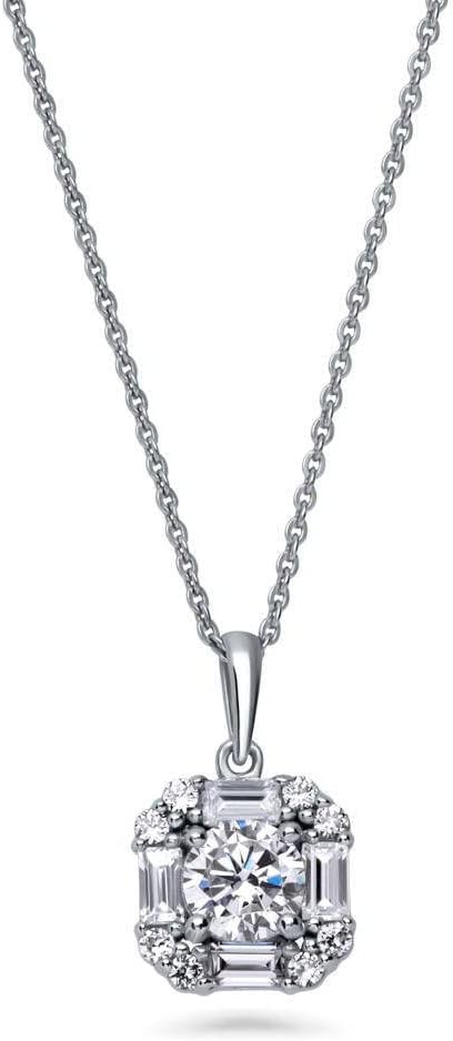 BERRICLE Sterling Silver Halo Art Deco Wedding Pendant Necklace for Women, Cubic Zirconia CZ