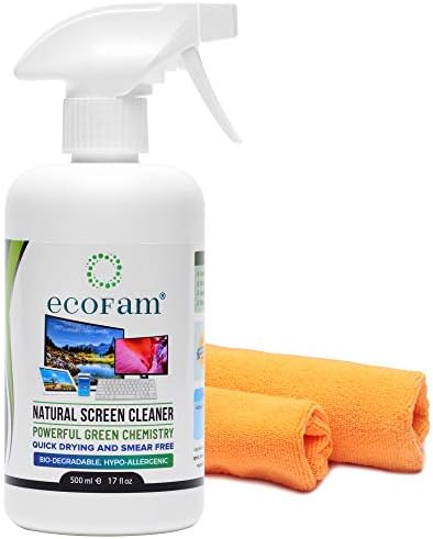 ecoFam Natural Screen Cleaner Spray with Two Premium Microfiber Cleaning Cloths. Best for LCD, LED, HDTV, Computer Monitors, TV, iPad, iPhone, Tablet, Smartphone, and Laptops (500ml)