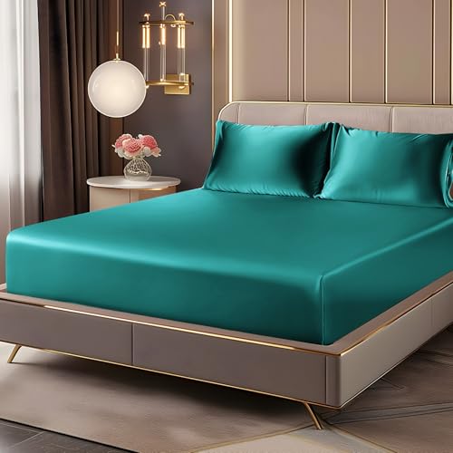 BEDELITE Satin Fitted Sheet and Pillowcases Set, Luxury Soft Similar to Silk Bottom Bedsheet with Elastic Corner Straps, Deep Pocket up to 15 Inch, 1 Fitted Sheet and 2 Pillowcases(King, Teal)