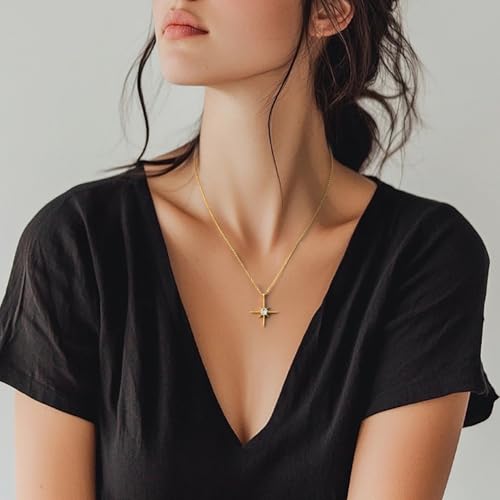 Gold Necklace for Women 14K Gold Pendant Necklaces for Women North Star Necklace Pendant with Cubic Zirconia Gentle and Beautifully Bright Dainty Chunky Star Jewelry for Womens4