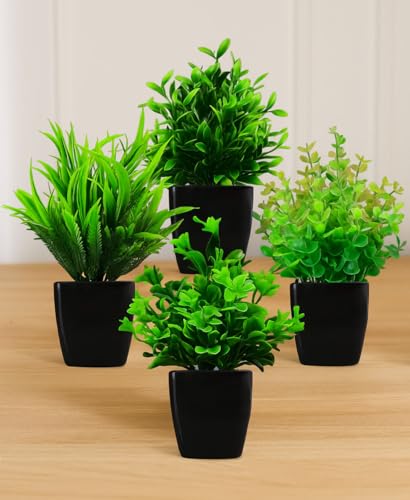 Image of Small Potted Faux Plant, Fake Green Grass Black Pot Pack of 4, Artificial Plants with Pot, Indoor Plant, Mini Fake Plants for Living Room Decoration, Balcony Decoration