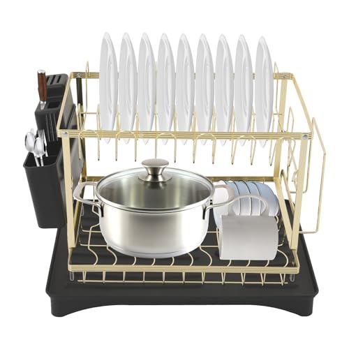 Escurreplatos de 2 niveles con bandeja de goteo, escurreplatos de acero al carbono con soporte para utensilios, soporte para tabla de cortar, bandeja para platos para cocina (negro y dorado)