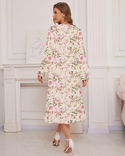 Image of CYiNu Women's Midi Dresses Long Sleeve Crew Neck Flowy Casual Floral Boho Tiered Chiffon Smocked Elegant Dress