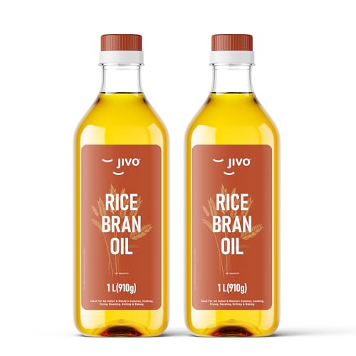 Image of Jivo Rice Bran Oil Cooking Oil 1 Litre (Pack of 2) | Contains Oryzanol and Balanced Fats | Cholesterol-Free Edible Oil | High Smoke Point Versatile Oil | Ideal for Deep Frying, Sauteing & Baking
