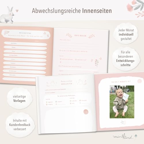 mintkind® Mein erstes Jahr Babyalbum Blumen rosa – zartes Babytagebuch mit 176 Seiten und Sticker-Set für liebevolle Erinnerungen im ersten… – Ansicht 3