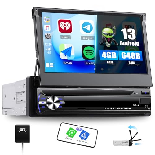 SIXWIN 4GB+64GB Android 13 1 Din Radio con Wireless Carplay e Android Auto,7 Pollici Manual Pieghevole Touchscreen Stereo con WiFi GPS Bluetooth RDS/FM USB Controllo del Volante