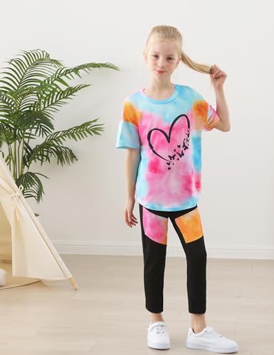 Image of Girls 2 Piece Outfits Kids Clothes Pants Sets Print Short Sleeve Top Leggings Spring Summer Tracksuit 4-13Y