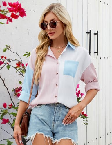 Neweek Womens Linen Button Down Shirts Casual Long Sleeve Loose Textured Collared Blouses Work Tops with Pocket4