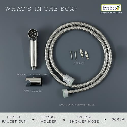 Image of Freshco Pearl No Block Health Faucet for Toilet (Complete Set) - German Engineered SS304 Hose (1.2m) & Wall Hook - Self-Cleaning High Pressure Jet Spray - Chrome Finish