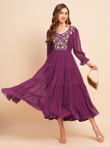 Image of RATAN Women's Floral Embroidered Puff Sleeve Chiffon Flared Tiered Kurta Gown Maxi Dress