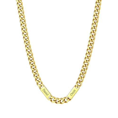 Custom4U Personalized Stainless Steel Cuban Link Chain for Men Women, 5mm/7mm/9mm Width Engraving 1-6 Names Cuban Chain Necklace, Steel/14K Gold Plated/Black Fathers Day Gift Hip Hop Jewelry