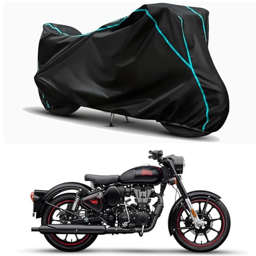 Image of Waterproof Bike Body Cover Compatible for | Royal Enfie Classic 350 Dark | Taffeta Fabric, Sky Piping Design, Bottom Elastic Fit | Dustproof, Sun UV & Rain Protection for All Weather.