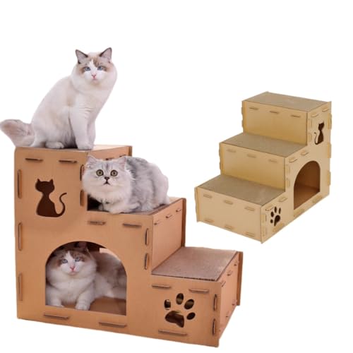 jsdskw 猫ハウス 段ボール 爪研ぎ キャットタワー 階段 通気 ペットハウス 猫用爪とぎ 猫ハウス ステップ キャットハウス 猫箱 猫ベッド 猫爪とぎボックス ネコファー 二層 組み立て式 簡単組み立て ストレス解消 (3層)
