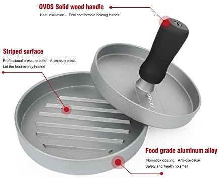 OVOS Aluminum Non-Stick Hamburger Press with 100 Free Patty Papers for BBQ Baking