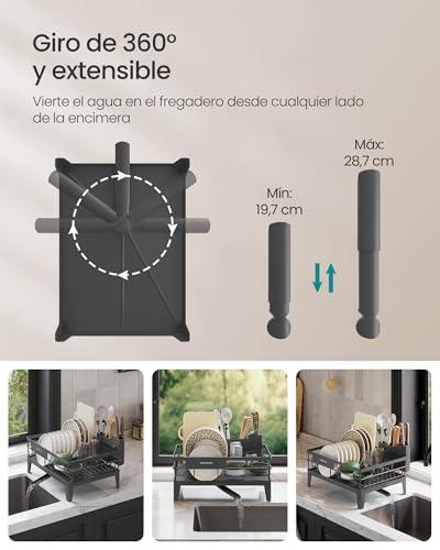 Miniatura 5 de SONGMICS Escurreplatos, Escurridor para Encimera de Cocina, Giratorio 360° y Extensible, con Soporte para Cubiertos, 31 x 42 x 18,5 cm, Gris Ahumado KCS550GT01