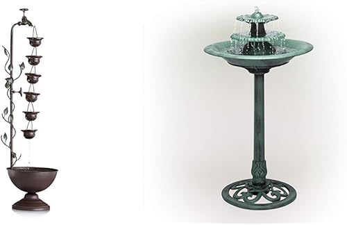 Alpine Corporation Fuente de agua de suelo escalonada de 38 pulgadas de alto para interiores y exteriores, 6 tazas, bronce y fuente de agua de 3
