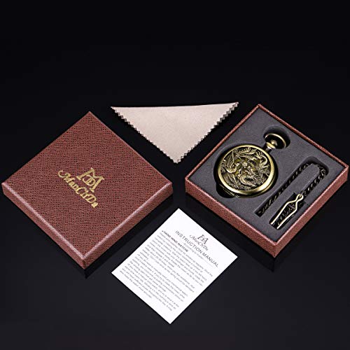 Manchda Antique Mechanical Pocket Watch Lucky Dragon & Phoenix Bronze Skeleton Dial With Chain #TOP6