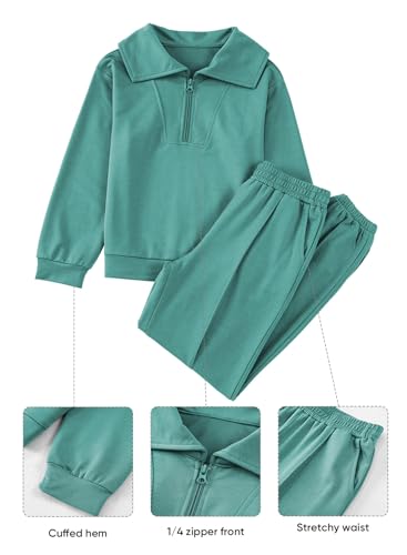 Image of Girls Fall Sweatsuits Collared Sweatshirt Jogger Pants Sets Green Size 8-9 | Big Kids 2 Piece Fashion Tracksuit, Half Zip Collar Long Sleeve Crop Top Jogger Pants，Tween Winter Casual Outfit,Side Pockets
