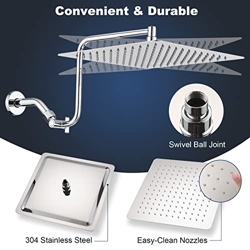 Pdpbath 12" Rain Shower Head With Upgrade Adjustable Extension Arm, 304 Stainless Steel High Pressure Rainfall Showerhead, All Metal Large Square Waterfall Fixed Showerhead For Bathroom - Chrome #TOP2