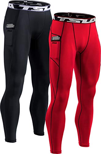 TSLA Men’s Compression Pants, Cool Dry Athletic Workout Running Tights Leggings with Pocket/Non-Pocket, Athletic Pocket 2pack Pants Black/Red, X-Small