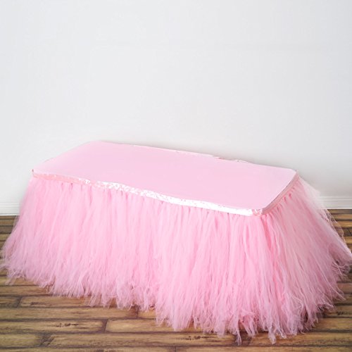 TABLECLOTHSFACTORY 21ft FULL SIZE 8 Layer Fluffy Tulle - Tutu Table Skirt - Rose Quartz Pink