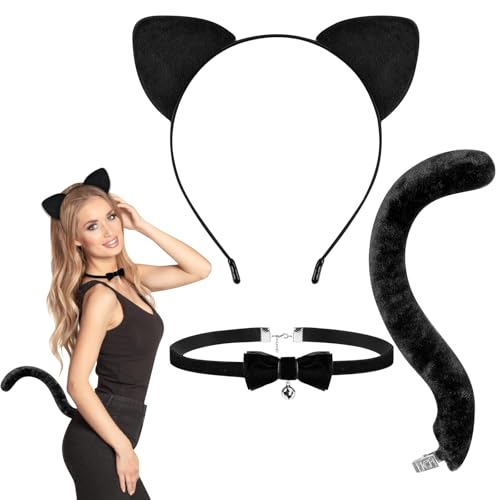 Accesorios para Disfraz de Gato, Diadema con Orejas de Gato Collar con Cascabel Cola de Gatos, Negro Accesorios de Catwoman Disfraz para Mujer y Niña Halloween Carnaval Juego de Rol
