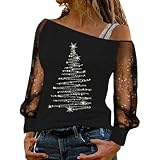 Weihnachtsshirt Damen Glitzer Festliche Blusen Sexy Schulterfrei Oberteile Mesh Langarmshirt Weihnachtspullover Damen Lustig Weihnachts Shirt Frauen Elegant Weihnachtsbluse mit Rot Weinglas-Motive