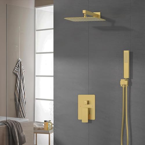 Image of Iriber Brushed Gold Rain Shower System with 12 Inch Shower Head and Handheld shower Bathroom Wall Mounted Golden Shower Set Contain Shower Faucet Mixer Valve and Trim Kit (Valve Cartridge Included)