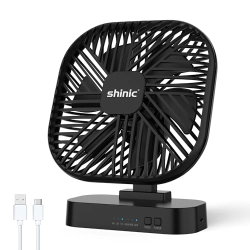 shinic 5 Inch Desk Fan - AA Battery Operated,Ultra-Quiet 6-Blade Table Fan with Timer, 3 Speeds, Adjustable Tilt for Bedroom, Office, Outdoor Travel (Black, No Batteries Included)