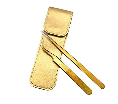 Yueton - Pinzas de cabeza recta y curvada de acero inoxidable con revestimiento de color dorado, 2 unidades, con funda de piel para extensión de pestañas Cover