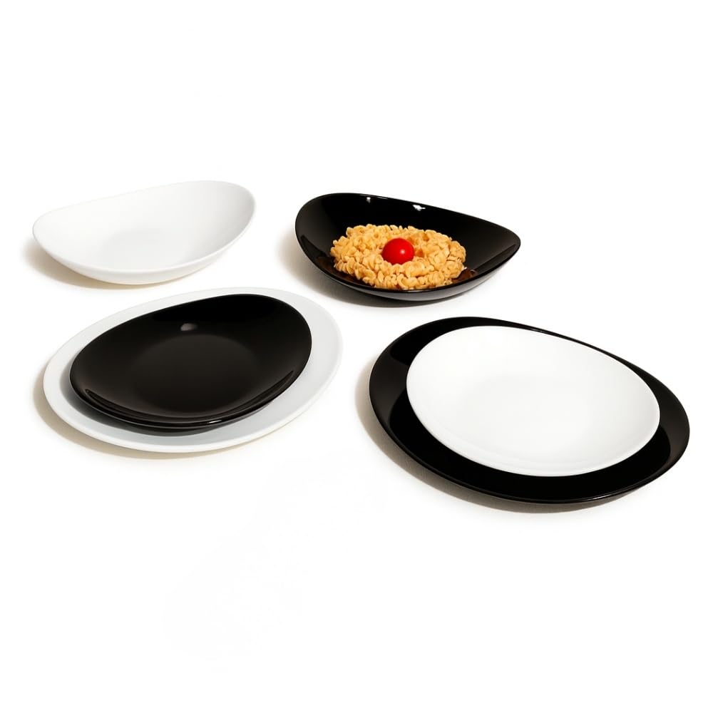 Servizio piatti da tavola in arcopal 18 pezzi Luce Ombra bianco nero – vetro opale temperato, set moderno resistente per 6 persone, lavabile lavastoviglie e microonde