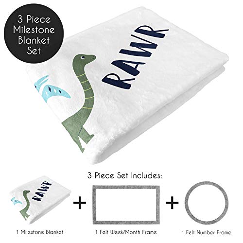 Sweet Jojo Designs Mod Dino Boy Milestone Blanket Monthly Newborn First Year Growth Mat Baby Shower Memory Keepsake Gift Picture - Blue, Green And Grey Modern Dinosaur Rawr #TOP1