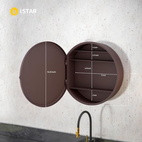 Image of iSTAR Round Wall Mirror with Storage Shelf | Bathroom Vanity Mirror with Hidden Storage Cabinet | Wall Mounted Decorative Mirror for Bathroom, Bedroom, Living Room (Brown)