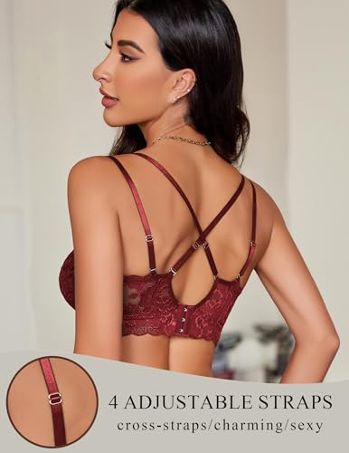 Image of Avidlove Bras for Women Floral Lace Bralettes Deep V Sexy Bras Cross Back Longline Bralette No Padded