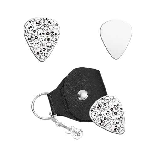 UNICRAFTALE 1pcs Guitar Picks Gifts Stainless Steel Guitar Picks Skull Pick Personalized Skeletons Plectrum with PU Leather Case Accessories for Musician Lover Player Birthday