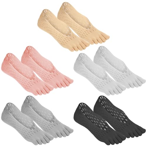 Qianyu 5 Pairs Bunion Relief Socks for Women Align Toe Separator Socks No Show Low Cut Five Finger Toe Alignment Compression Sock Athletic Breathable Sock for Women Men