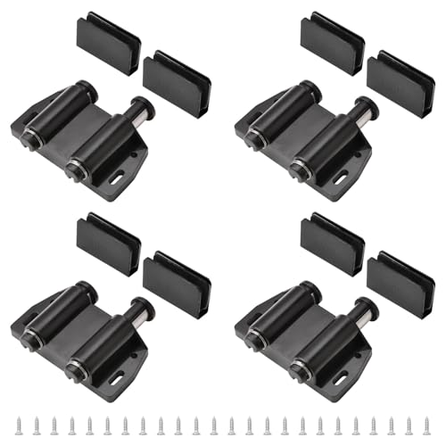 UFURMATE 4 Set Glass Door Magnetic Catch Latch Closures Black Push Open Double Glass Door Magnetic Touch Latchs with Adjustable Cabinet Clamp, Fit for 3-6mm Free-Swinging Glass Door