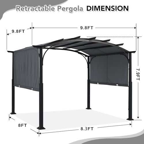 Image of MASTERCANOPY 10x10 ft Retractable Pergola with Sun Shade Canopy, Heavy Duty Metal Garden Pergola with Rustproof Steel Frame, Dark Grey