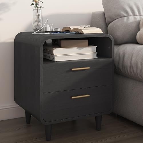 Easyego Mid-Century Modern Nightstand with Charging Station, Bedside Table w/2 Drawers, Open Shelves & Golden Handle, Side Table and End Table for Bedroom and Living Room, Curved Design(Black)