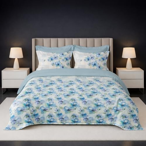 Image of LANE LINEN 100% Cotton Printed King Size Bedsheet - Blue Flowers | OEKO-Tex Certified, 250TC, Fits King & Double Bed, Floral Print, Breathable & Wrinkle-Free, Includes 2 Pillow Covers