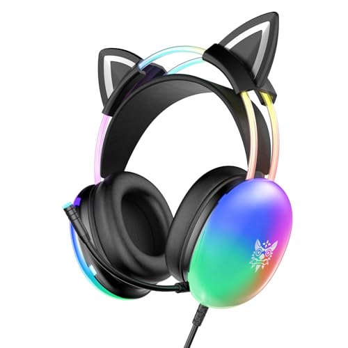 ONITOON Cat Ear Gaming Headset with Microphone, RGB Rainbow Lighting, Surround Sound, 3.5mm Wired Over-Ear Headphones for PC/PS4/PS5/Switch/Laptop, Lightweight and Adjustable Headband by ONITOON - Used condition - US$23.50