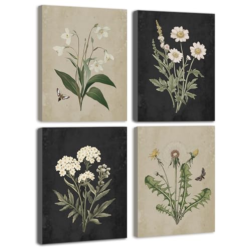 KUVIOKE Vintage Botanical Boho Framed Wall Art Set of 4 Piece Antique Flower Prints Farmhouse Retro Plants Rustic Artwork Bathroom Kitchen Home Decor Ready to Hang 8x10inx4pcs (Framed)