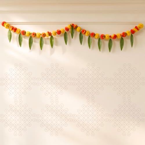 Image of LOVENSPIRE Marigold and Mango Leaf Door Toran (5 Ft.) Traditional Floral Garland Valance for Festival and Pooja Decor, Indian Bandarwal Hanging for Diwali, Weddings, and Housewarming Favors