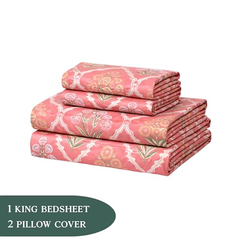 Image of THEA King Elastic Fitted Double Bedsheet Set| 100% Cotton Like Soft Fabric | Microfiber King Elastic Double Bedsheet for King Size Bed (72 X 78 x 10 inches) with 2 Pillow covers,Blush Mahal