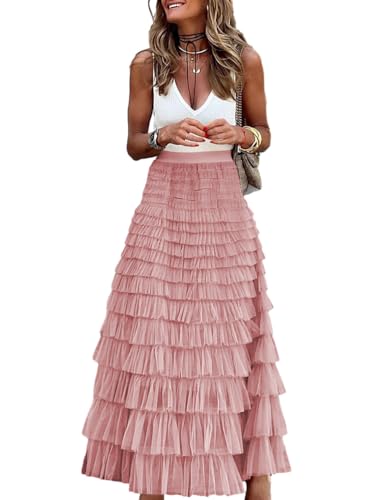 Long Tulle Skirt for Women Trendy High Waisted A Line Fluffy Fairy Mesh Layered Ruffle Skirt(Pink01, S)